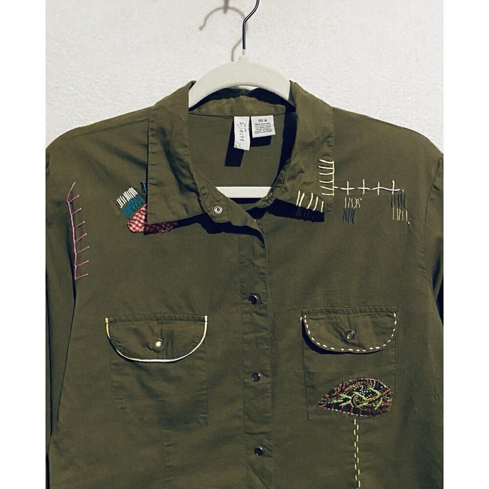 Anthropologie Sahalie Top Womens Medium Green Embroidered Button Up Boho Prairie - Picture 2 of 7